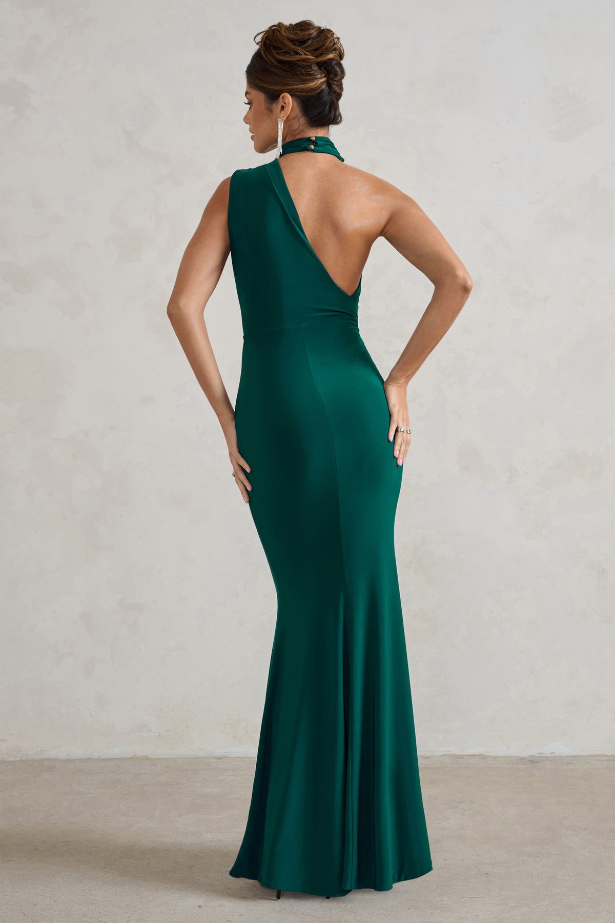 Bottle Green Satin Gown with Heavy Embroidery - Find it at Kifaayat